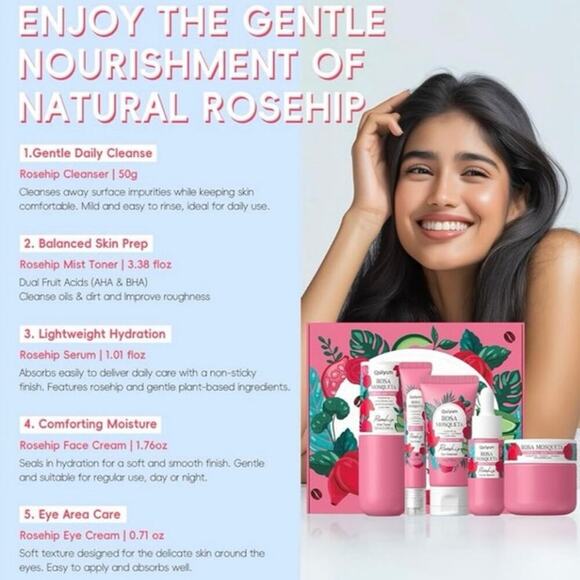 Quiyum Rosa Mosqueta 5pc Skincare Set Rosehip + Vitamin E Kit NEW/NIB - Picture 7 of 10